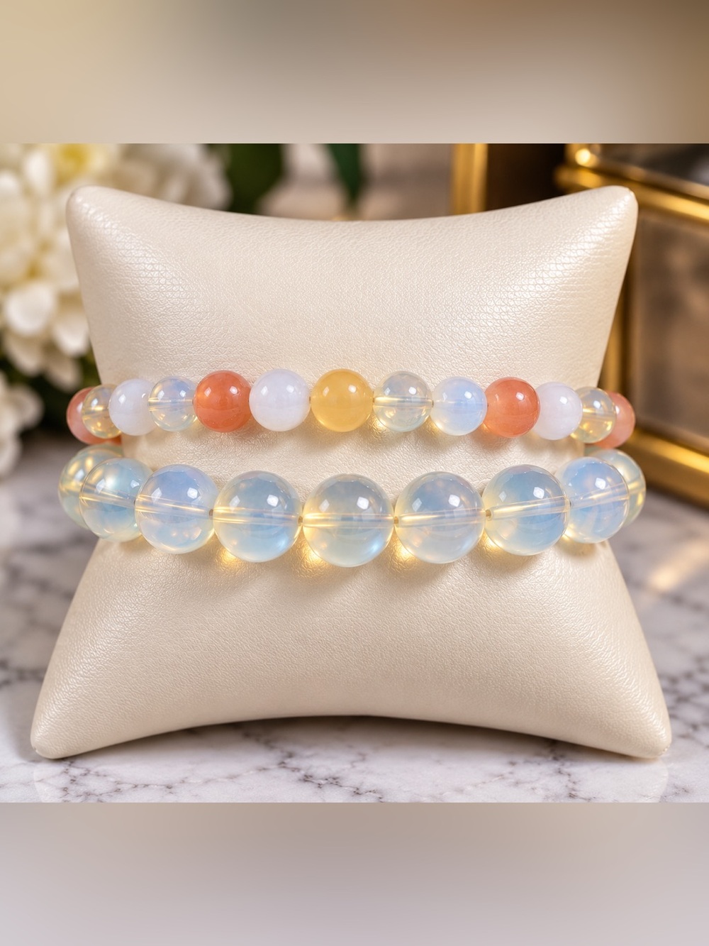 Opaline Bead Stretch Bracelet Set in Pale Blue, Yellow & Coral